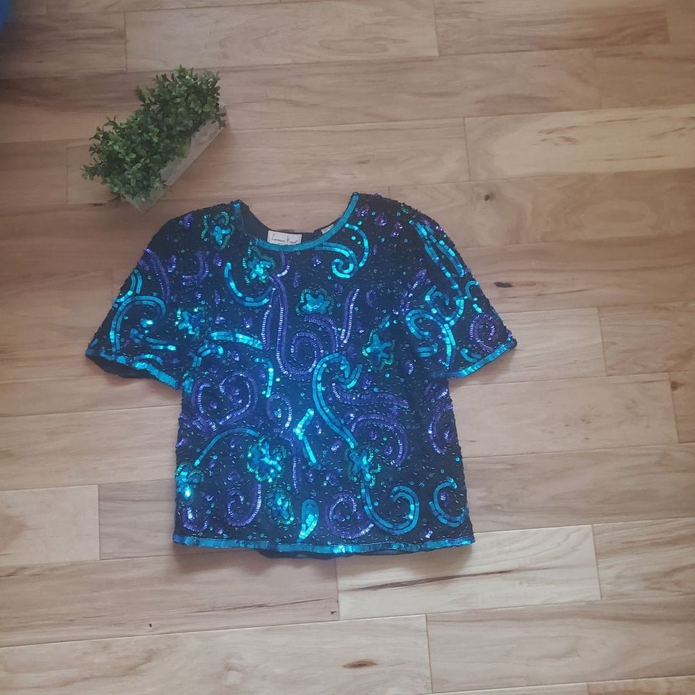 Vintage Lawrence Kozar Black and Blue Beaded Top Medium